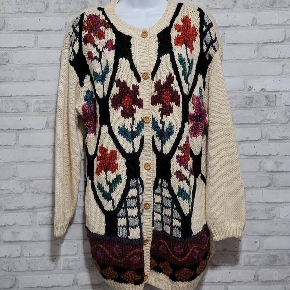 Vtg Classic Elements Floral Knit Wood Button Cardigan Sweater Womens Med